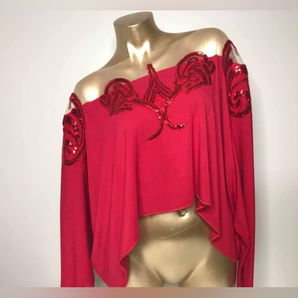 Lucia’s Sarto red dolman sleeve top off the shoulder  nude mesh one of a kind